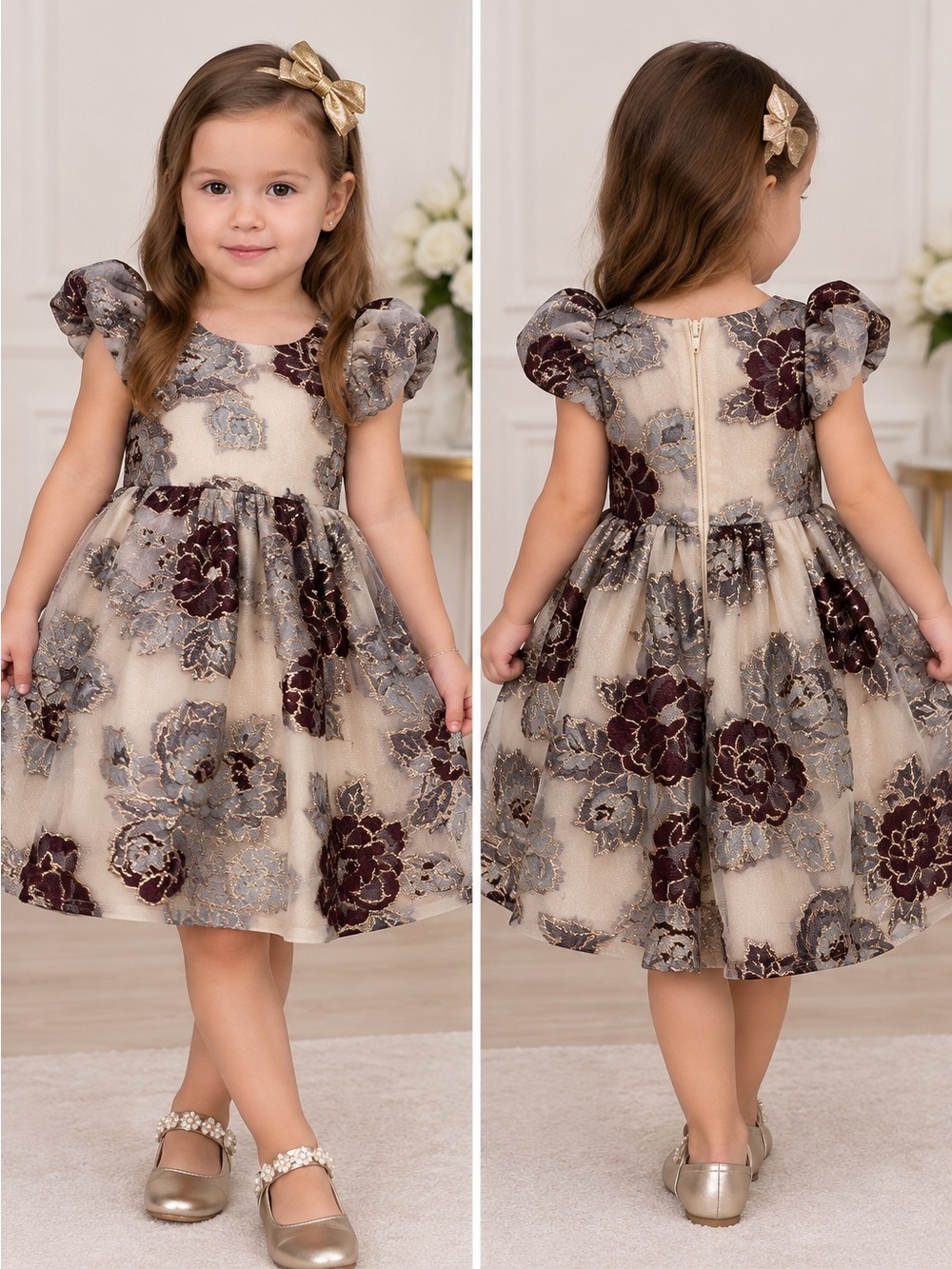 Rare Editions Cream Dress with Burgundy and Gray Floral Lace